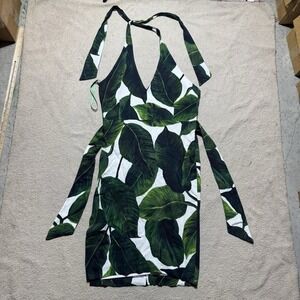 Milly Dress Womens 12 White Green Banana Leaf Print Halter Neck Tie Waist Tie